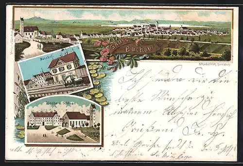 Lithographie Buchau a. F., Teilansicht, Bahnhof, Kirche und Schloss