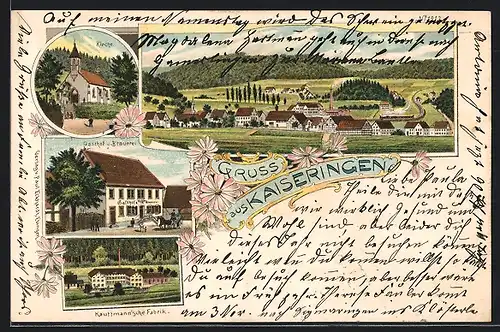 Lithographie Kaiseringen, Gasthof und Brauerei, Kauffmann`sche Fabrik, Kirche