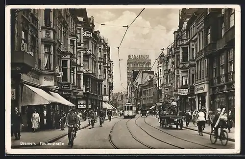 AK Bremen, Faulenstrasse mit Geschäften und Strassenbahn