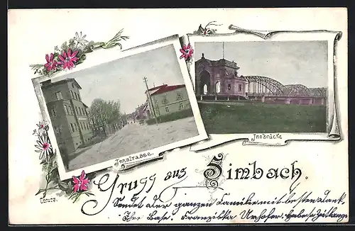 Lithographie Simbach, Innbrücke, Innstrasse