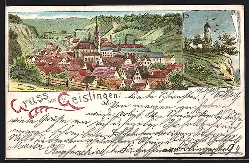 Lithographie Geislingen, Teilansicht mit Kirche, Turm