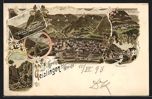 Lithographie Geislingen, Eybach, Felsenthal, Wasserfall