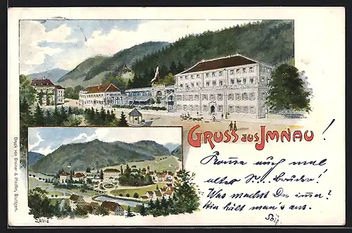 Lithographie Imnau, Strassenpartie mit Hotel, Ortspartie