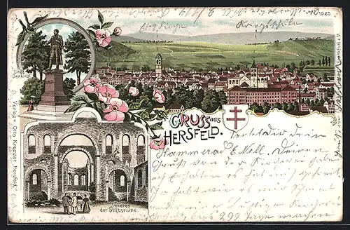 Lithographie Hersfeld, Teilansicht, Inneres der Stiftsruine, Lingg-Denkmal