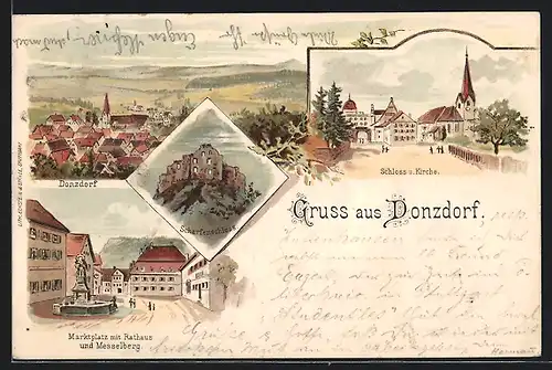 Lithographie Donzdorf, Marktplatz mit Rathaus und Messelberg, Schloss und Kirche