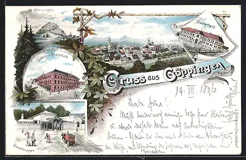 Lithographie Göppingen, Ortsansicht, Krankenhaus, Hohenstaufen, Latein- u. Realschule
