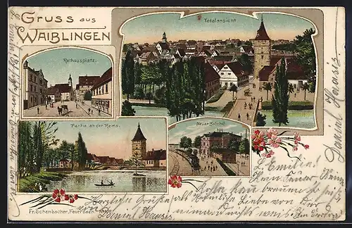Lithographie Waiblingen, Neuer Bahnhof, Rathausplatz, Remspartie