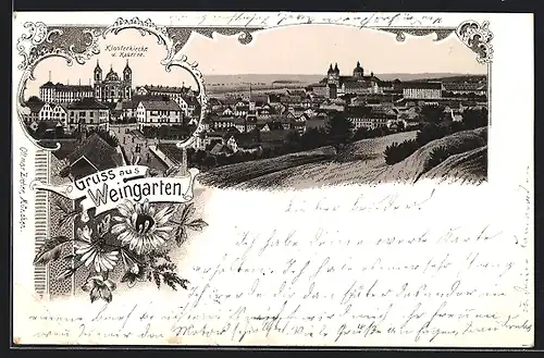 Lithographie Weingarten, Teilansicht, Klosterkirche und Kaserne