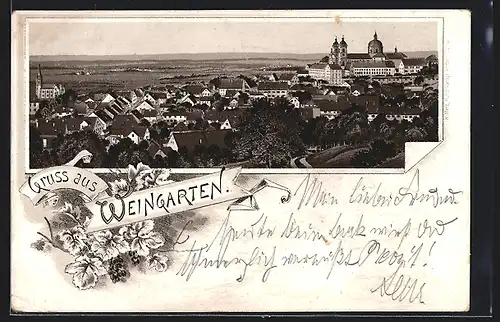 Lithographie Weingarten, Teilansicht mit Kloster
