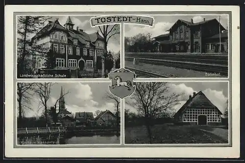 AK Tostedt /Hann., Landwirtschaftliche Schule, Bahnhof, Kirche vom Menkenteich, Wappen