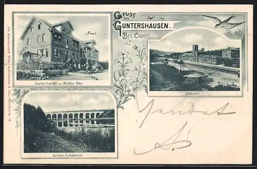 Passepartout-AK Guntershausen /Bez. Cassel, Bahnhof, Gaststätte W. Fehr mit Kutsche, Grosse Fuldabrücke