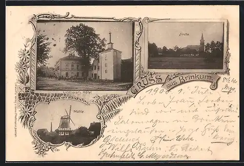 Passepartout-AK Brinkum, Lindhorsts Hotel, Mühle, Kirche