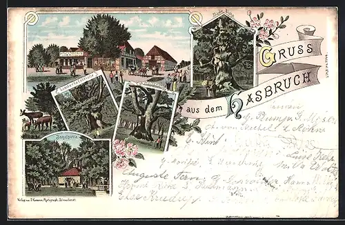 Lithographie Hasbruch, Gasthof zur Falkenburg H. W. Mohrmann mit Strasse, Liedertafeleiche, Jagdhütte