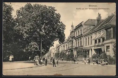 AK Bremen, Partie an der Strasse Doventors-Contrescarpe, mit Schwanapotheke, Kindern, Karren