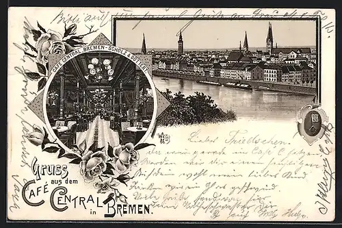 Lithographie Bremen, Cafe Central Scholz & Göttert, Innenansicht, Teilansicht mit Weser, Wappen