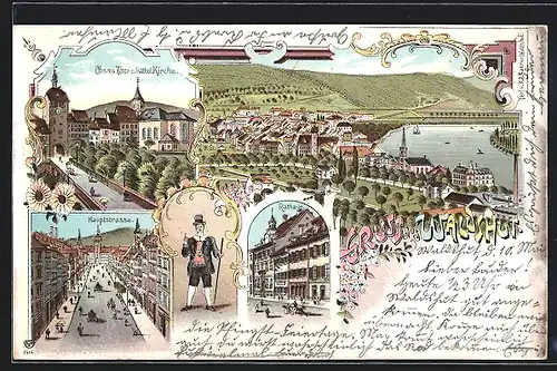 Lithographie Waldshut, Hauptstrasse, Rathaus, Oberes Thor und kath. Kirche, Gesamtansicht