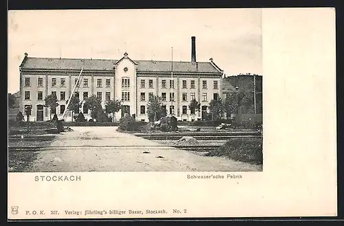 AK Stockach, Schiessersche Fabrik mit Bahnschienen und Schranke