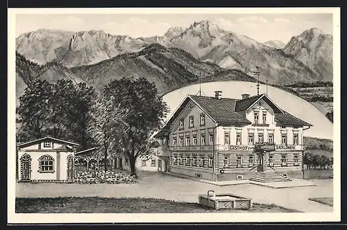 Künstler-AK Prem bei Lechbruck /Allg., Gasthof zum bayer. Löwen K. Petz m. Strasse, Brunnen, Nebengebäuden, Bergpanorama