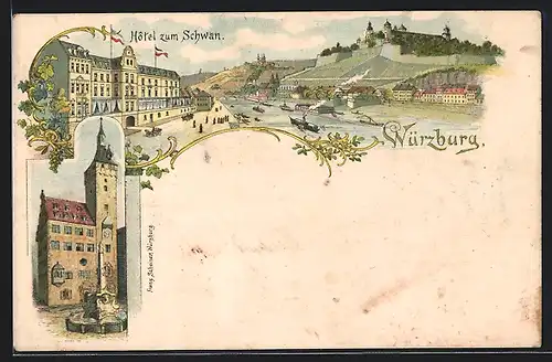 Lithographie Würzburg, Hotel zum Schwan mit Umgebung, Kirche mit Brunnendenkmal