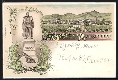 Lithographie Maikammer, Denkmal Freiherr von Hartmann, Gesamtansicht mit Bergpanorama