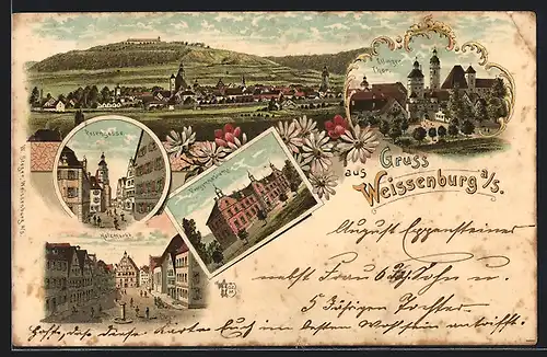 Lithographie Weissenburg /Saale, Rosengasse, Holzmarkt, Progymnasium
