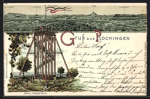 Lithographie Plochingen, Aussichtsturm mit Besuchern, Landschaftspanorama mit Teck