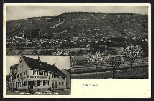 AK Erlenbach, Gasthaus Bäckerei v. J. Ochs, Ortsansicht