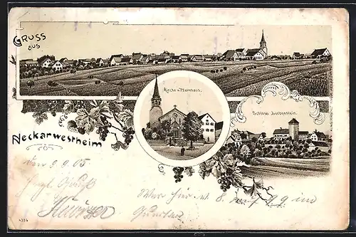 Lithographie Neckarwestheim, Kirche und Pfarre, Schloss Liebenstein, Ortspanorama mit Feldern