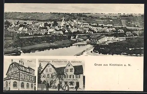 AK Kirchheim a. N., Gasthaus z. Eisenbahn H. Schneider, Post, Ortsansicht aus der Vogelschau