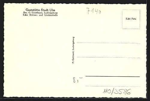 AK Ludwigsburg, Gaststätte Stadt Ulm, Ecke Körner- und Lindenstrasse