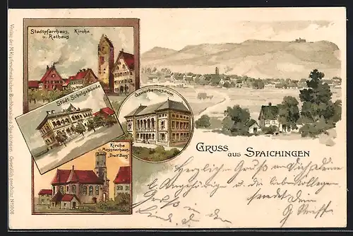 Lithographie Spaichingen, Gewerbemuseum, Städt. Schulgebäude, Messnerhaus Dreif. Berg