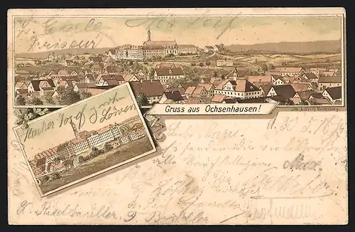 Lithographie Ochsenhausen, Ortsansicht, Blick zum Kloster