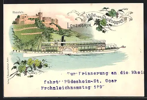 Lithographie Rheindampfer Lohengrin vor Rheinfels