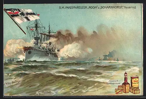 Künstler-AK Willy Stoewer: SM Panzerkreuzer Roon u. Scharnhorst feuernd, Maggi Reklame