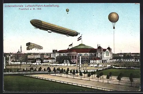 Künstler-AK Frankfurt a. M., Internationale Luftschiffahrt-Ausstellung 1909, Festhalle mit Zeppelin und Ballons