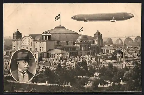 AK Frankfurt a. Main, Internationale Luftschiffahrt-Ausstellung 1909, Festgelände mit Zeppelin