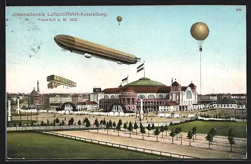 Künstler-AK Frankfurt a. M., Internationale Luftschiffahrt-Ausstellung 1909, Festhalle mit Zeppelin und Ballons