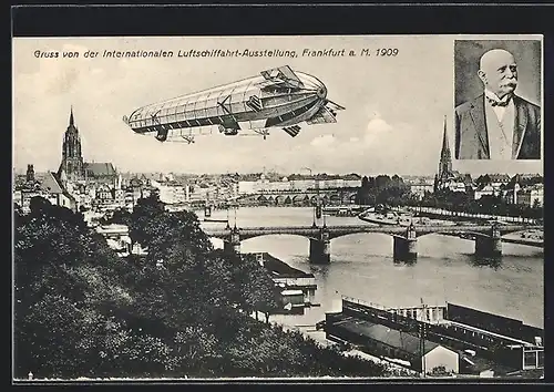 AK Frankfurt, Int. Luftschiffahrt-Ausstellung 1909, Zeppelin über der Stadt, Graf Zeppelin