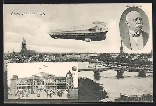 AK Frankfurt a. Main, Internationale Luftschifffahrts-Ausstellung, Portrait Graf Zeppelin, Luftschiff über dem Main