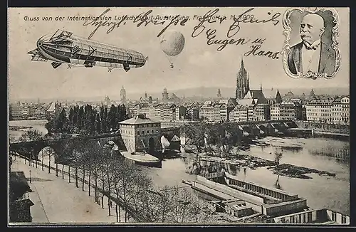 AK Frankfurt a. M., Internationale Luftschiffahrt-Ausstellung 1909, Teilansicht mit Zeppelin und Portrait