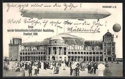 AK Frankfurt a. M., Internationale Luftschiffahrt-Ausstellung 1909, Zeppelin über Festhalle