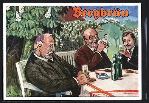 Künstler-AK Fürth, Brauerei-Werbung Fürther Bergbräu, Herren bei einem Bier in einer Gastwirtschaft