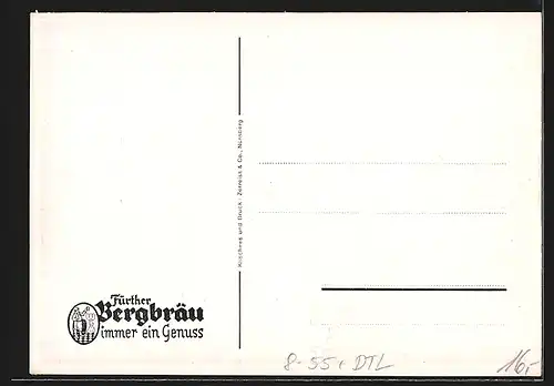 Künstler-AK Fürth, Brauerei-Werbung Fürther Bergbräu, Herren bei einem Bier in einer Gastwirtschaft