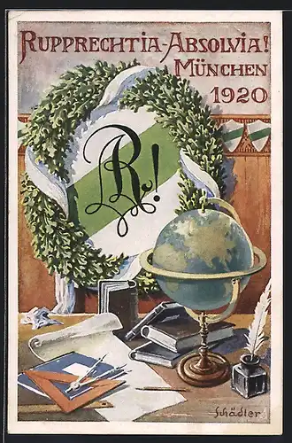 Künstler-AK München, Rupprechtia-Absolvia 1920, Globus und Lehrmaterial