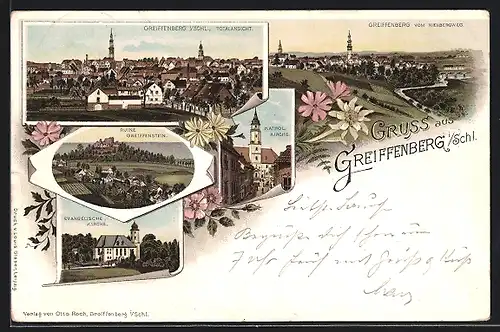 Lithographie Greiffenberg, Ruine Greiffenstein, Evangelische Kirche, Ortsansicht vom Kienbergweg