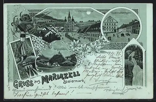 Mondschein-Lithographie Mariazell, Wallfahrtskirche, Sigmundsberg, Lassing-Fall