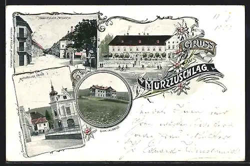 Lithographie Mürzzuschlag, Mariazeller-Strasse, Johanneslatz und Wiener Strasse, Hotel-Restaurant Erzherzog Johann