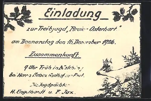 AK Malching, Jagdeinladung zur Treibjagd Revier Osterhart 1926, Hirsch