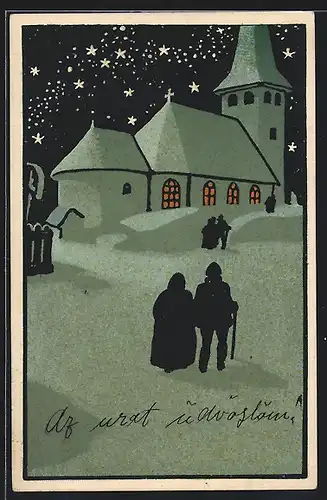 Künstler-AK Ungarische Werkstätte: Kirchgang in sternklarer Winternacht