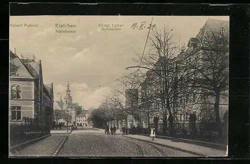 AK Eisleben, Kaiserliches Postamt und Königliches Luther-Gymnasium am Schlossplatz